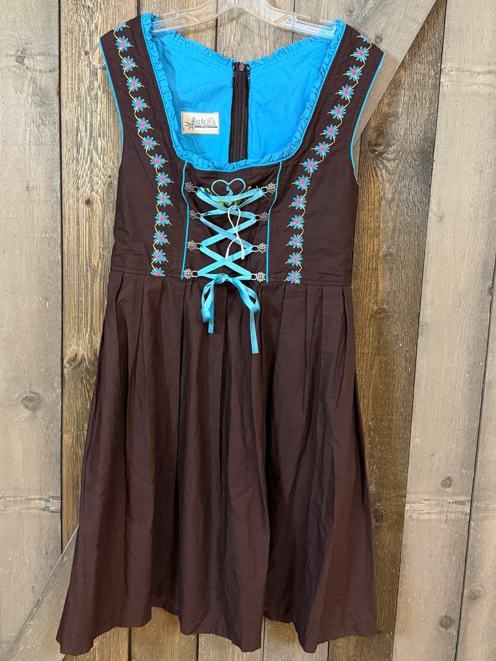Lukas Dirndl Dress Brown Blue Embroidered Bavarian Oktoberfest German Trachten